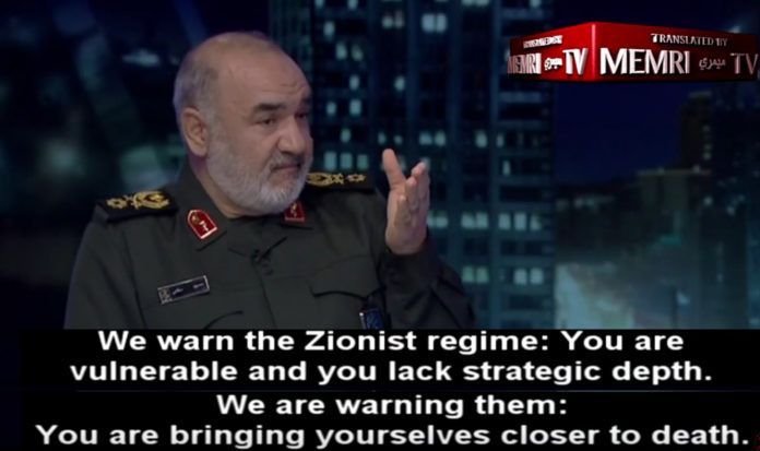 IRGC-Hossein-Salami-2019 revolutionsgarde (Islamic Revolutionary Guard Corps, IRGC), Hossein Salami, truede for nylig Israel på Irans Kanal 2 TV. (Billedkilde: MEMRI)
