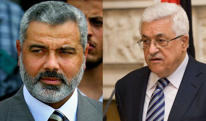 haniyeh-og-abbas-komposisjon-wiki-og-caboffukflickr-1-696x410 Hamas-leder Ismail Haniyeh og PA-president Mahmoud Abbas fra Fatah. (Foto: Wikimedia Commons og det britiske udenrigsministerie / Flickr.com / CC)