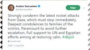 Udenrigsminister Anders Samuelsen fordømmer raketangreb fra Gaza (twitter - personlig konto)