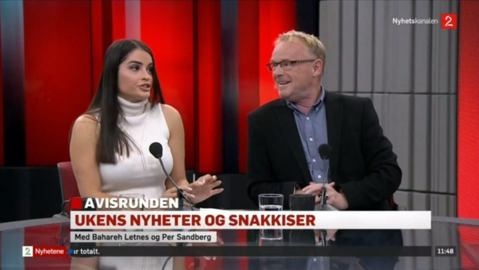 Per Sandbergs iranske-norske samlever Bahareh Letnes demoniserede Israel på TV2 News-kanalen søndag den 22. september. (Skærmbillede fra TV2)